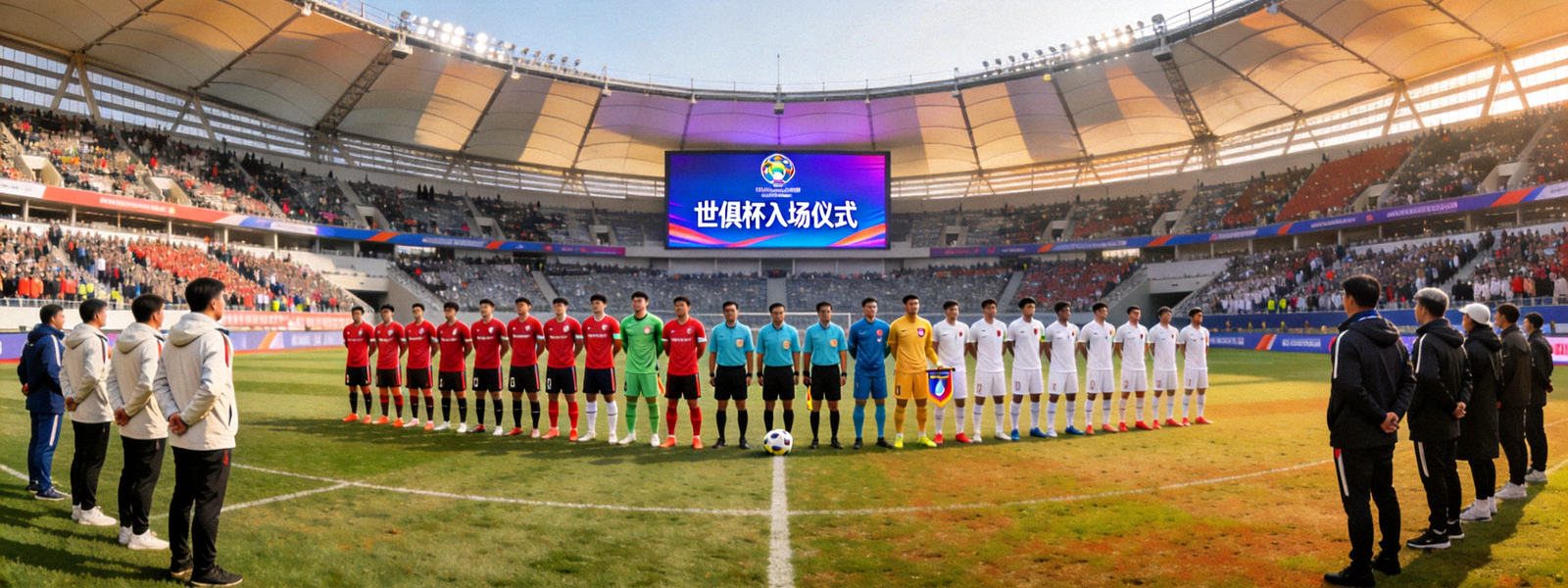 世俱杯参赛球队在球场中央列队集结的入场仪式